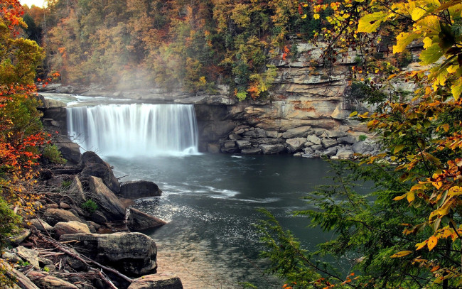Обои картинки фото природа, водопады, вода, камни, осень