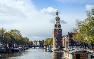 Картинка города амстердам+ нидерланды канал лодки башня