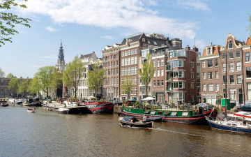 Картинка города амстердам+ нидерланды лодки канал
