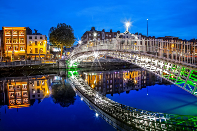 Обои картинки фото города, дублин , ирландия, река, мост, огни, вечер