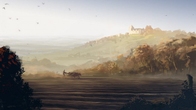 Обои картинки фото видео игры, a plague tale,  innocence, холмы, быки, поле, замок