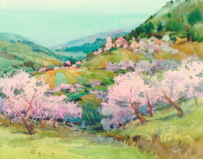 Картинка рисованное живопись горы деревья поля долина