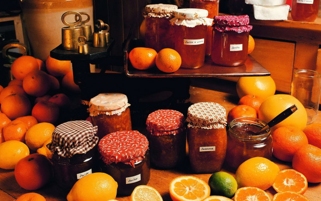 Обои картинки фото еда, мёд,  варенье,  повидло,  джем, банки, варенье, джемы, цитрусы