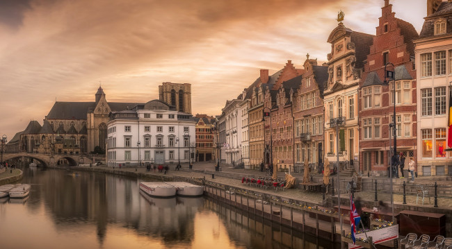 Обои картинки фото города, гент , бельгия, канал, мостик, здания, лодки