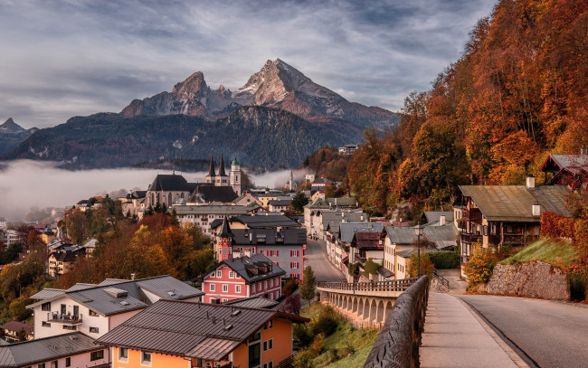 Обои картинки фото города, берхтесгаден , германия, горы, панорама, туман, лес, осень