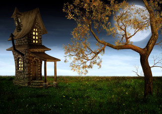 Картинка 3д графика fantasy фантазия луна дерево дом