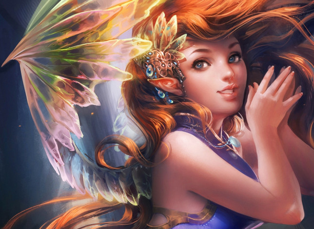 Обои картинки фото фэнтези, феи, sakimichan, фея, девушка, крылья, уши, украшения