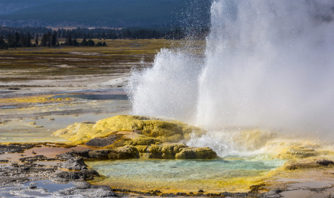 Обои картинки фото yellowstone, national, park, природа, стихия, гейзер, озеро, лес, холмы