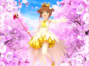 обоя аниме, card captor sakura, сакура, цветущие, деревья, лепестки, улыбка, девочка, цветы, жёлтое, платье