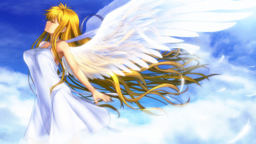 Картинка аниме -angels+&+demons облака крылья перья ангел блондинка небо девушка