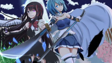 Картинка аниме mahou+shoujo+madoka+magika девушки крылья меч оружие