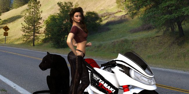 Обои картинки фото мотоциклы, 3d, панда, мотоцикл, девушка