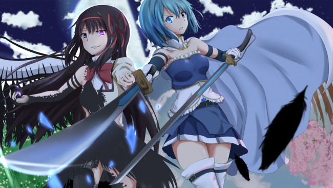 Обои картинки фото аниме, mahou shoujo madoka magika, девушки, крылья, меч, оружие