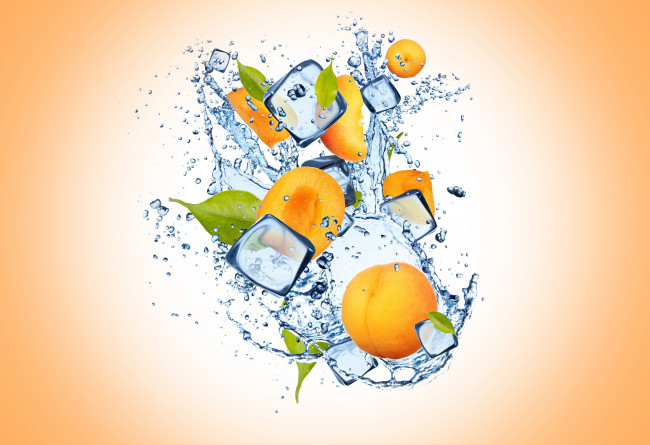 Обои картинки фото еда, персики,  сливы,  абрикосы, apricot, абрикос, background, вода, капли, лед, фон, water, ice, drops