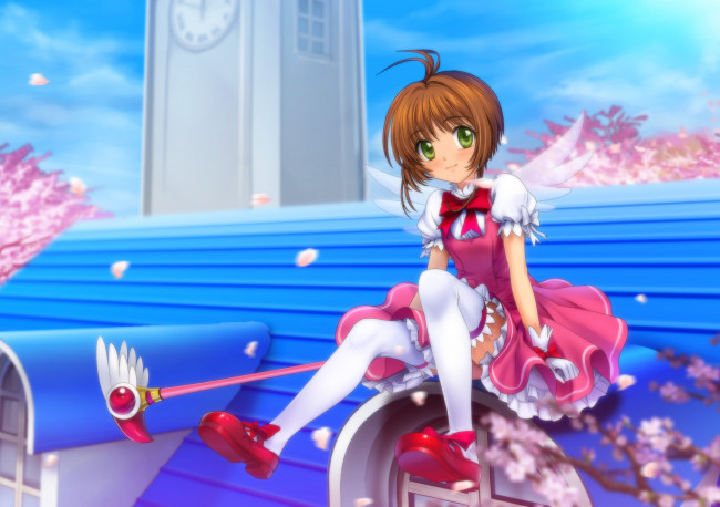 Обои картинки фото аниме, card captor sakura, сидит, крылья, девочка, крыша