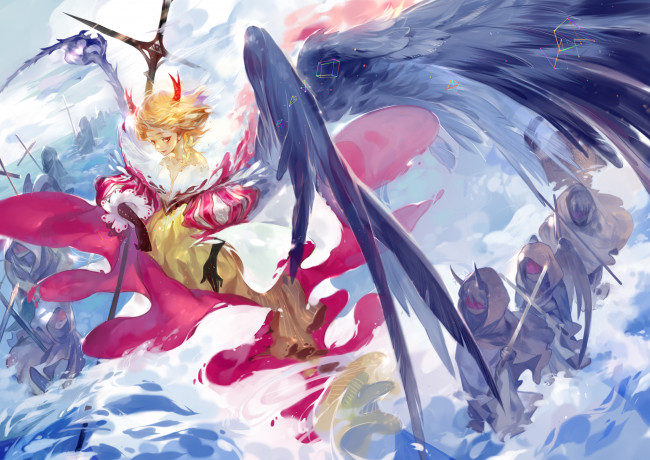 Обои картинки фото аниме, -angels & demons, существо, крест, платье, рога, крылья, посох