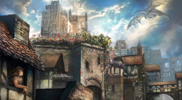 Картинка фэнтези драконы цветы девушка полет дракон окно город арт