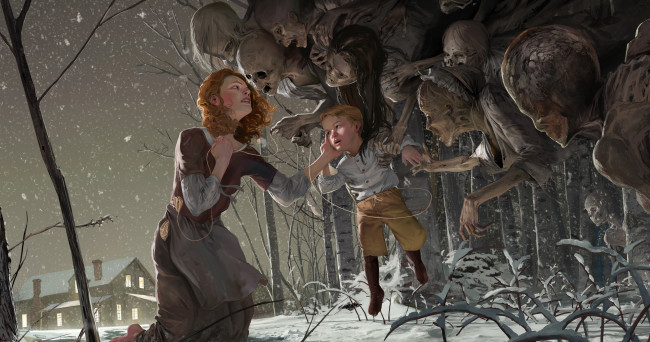 Обои картинки фото рисованное, - другое, зомби, зима, лес, снег, ребенок, мать