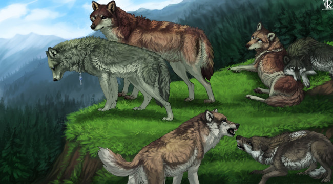 Обои картинки фото рисованное, животные,  волки, лес, горы, волки