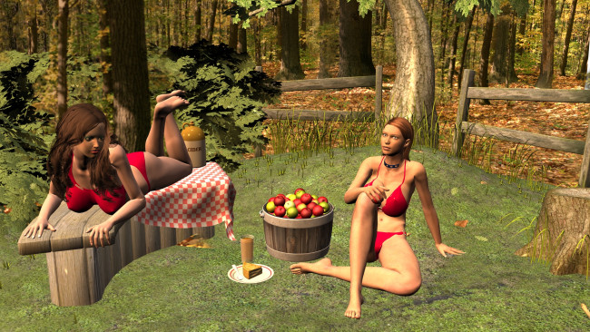 Обои картинки фото 3д графика, люди , people, девушки, взгляд, фон, яблоки