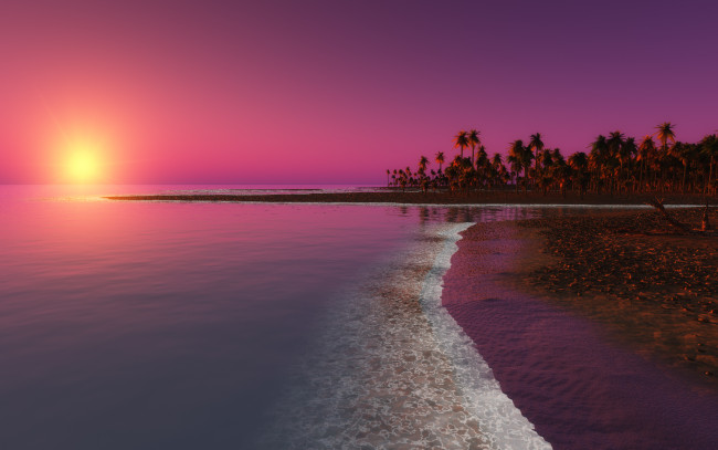 Обои картинки фото 3д графика, природа , nature, море, закат, пальмы, небо