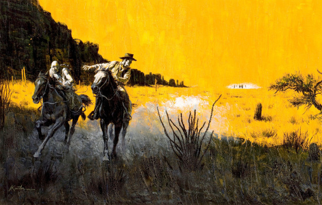 Обои картинки фото рисованное, живопись, лошади, ковбои, прерия, дикий, запад, погоня