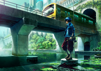 Картинка аниме город +улицы +здания фон взгляд мальчик