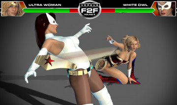 Картинка round+3 +ultra+woman+vs+white+owl 3д+графика фантазия+ fantasy взгляд драка супермены девушки фон