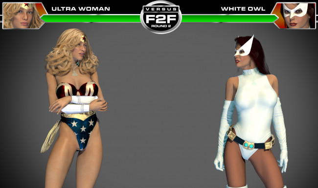 Обои картинки фото round 3,  ultra woman vs white owl, 3д графика, фантазия , fantasy, супермены, девушки, взгляд, фон, драка