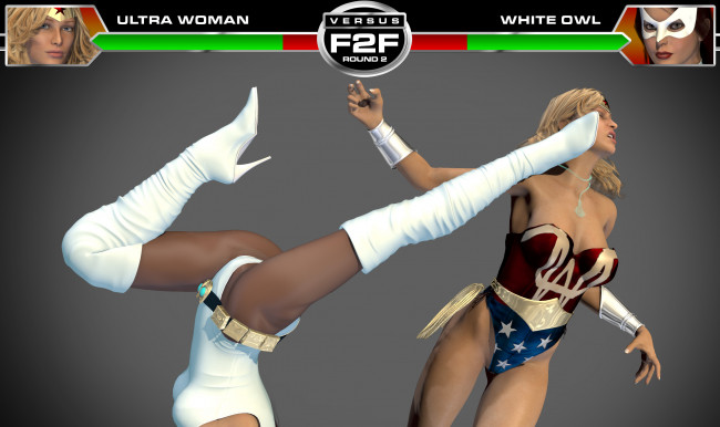 Обои картинки фото round 3,  ultra woman vs white owl, 3д графика, фантазия , fantasy, взгляд, девушки, фон, супермены, драка