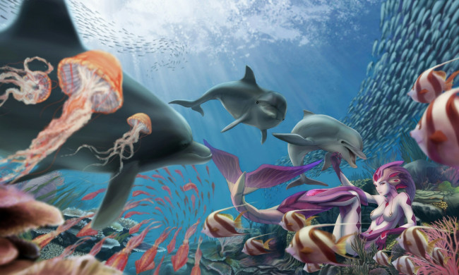 Обои картинки фото аниме, животные,  существа, русалка, море, под, водой, морские, обитатели, фэнтези