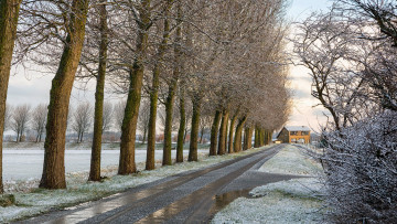 Картинка природа дороги зима снег иней деревья дорога