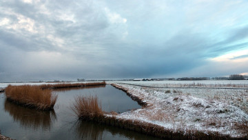 Картинка природа реки озера трава зима снег река