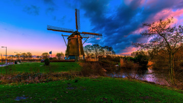 обоя амстердам, разное, мельницы, пруд, мельница, облака, деревья