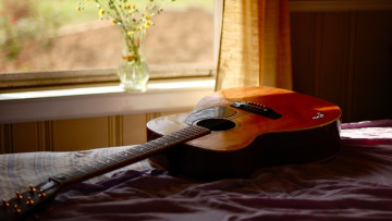 обоя музыка, -музыкальные инструменты, цветы, ваза, окно, гитара