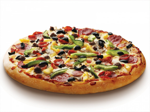 Обои картинки фото еда, пицца, маслины, перец, колбаса