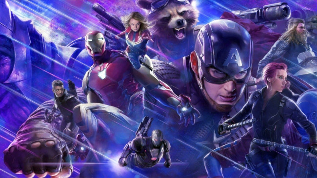 Обои картинки фото avengers endgame, кино фильмы, avengers,  endgame , 2019, endgame, железный, человек, капитан, америка, тор, hawkeye, черная, вдова, военная, машина, marvel, ракета, енот