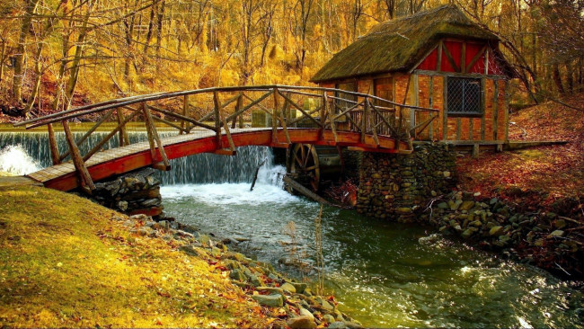 Обои картинки фото разное, мельницы, старая, мельница, лес, мостик, река