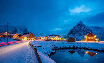 Картинка города лофотенские+острова+ норвегия горы фьорд дома зима