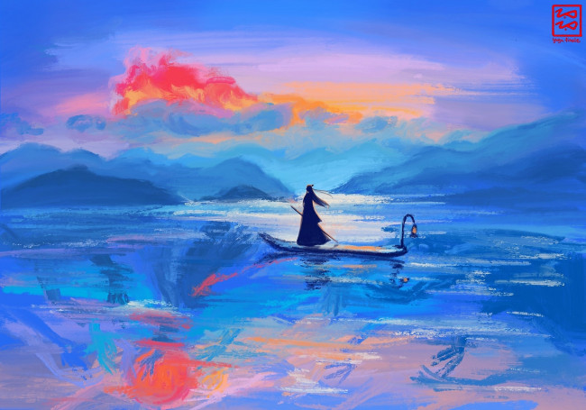 Обои картинки фото аниме, mo dao zu shi, лань, ванцзи, озеро, лодка, закат