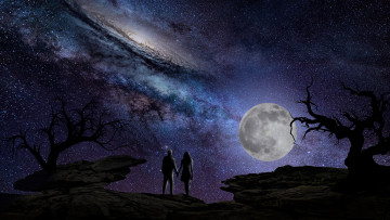 обоя 3д графика, романтика , romantics, пара, космос, ночь, луна, скалы, деревья