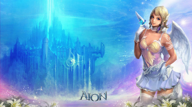 Обои картинки фото видео игры, aion, девушка, крылья, бабочка, цветы, дворец