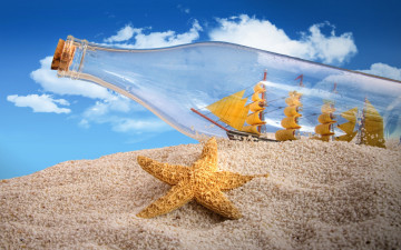 Картинка разное ракушки кораллы декоративные spa камни ракушка песок бутылка парусник облака