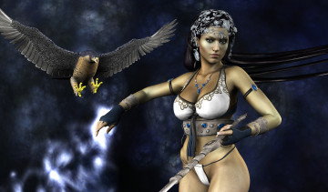 Картинка 3д графика fantasy фантазия девушка меч орел