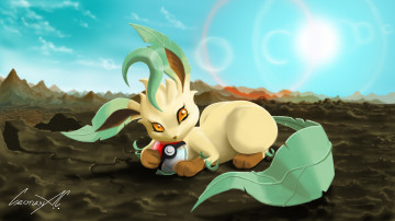 Картинка аниме pokemon leafeon солнце земля шар животное cristian ac art лежит