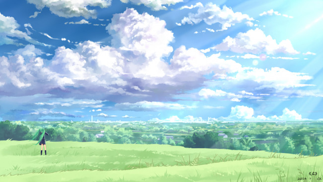 Обои картинки фото аниме, vocaloid, вокалоид, yuuko-san, art, небо, hatsune, miku, девушка, ветер, поле