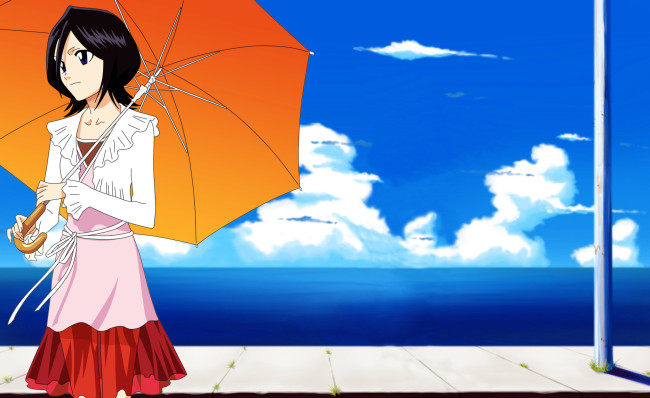 Обои картинки фото аниме, bleach, солнечно, небо, кучики, рукия, зонт, девушка, блич