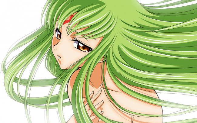 Обои картинки фото аниме, code geass, зелёные, волосы, лицо, девушка, код, гиас