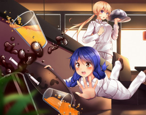 Картинка аниме shokugeki+no+soma tadokoro megumi стаканы накири nakiri erina эрина сок кухня shokugeki no soma onamae kun повара девушки арт мегуми табокоро