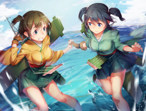 Картинка аниме kantai+collection kantai collection souryuu брызги море вода kancolle hiryuu девушки арт pg-pgouwoderen